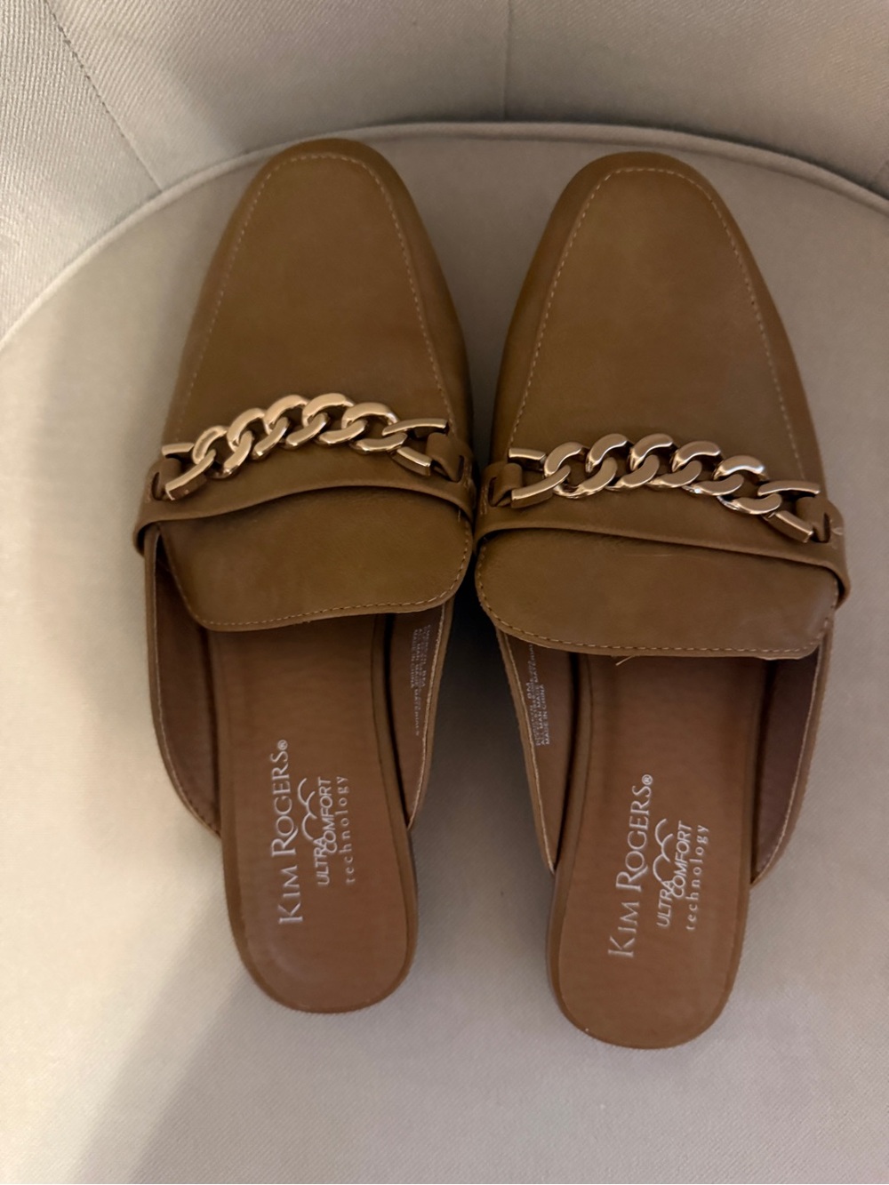 Kim Rogers Brown Slip-On Mules with Gold Chain